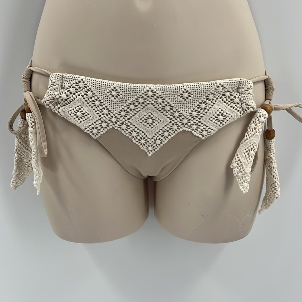 BECCA Bikini Set High Neck Crochet Lace Beaded Boho Nude Beige Tan Cream Sm/XSm - Picture 7 of 10